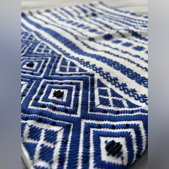 Sam Edelman Embroidered Beaded Stretch Cotton Mini Skirt Womens 6 10 Blue White - Picture 11 of 16